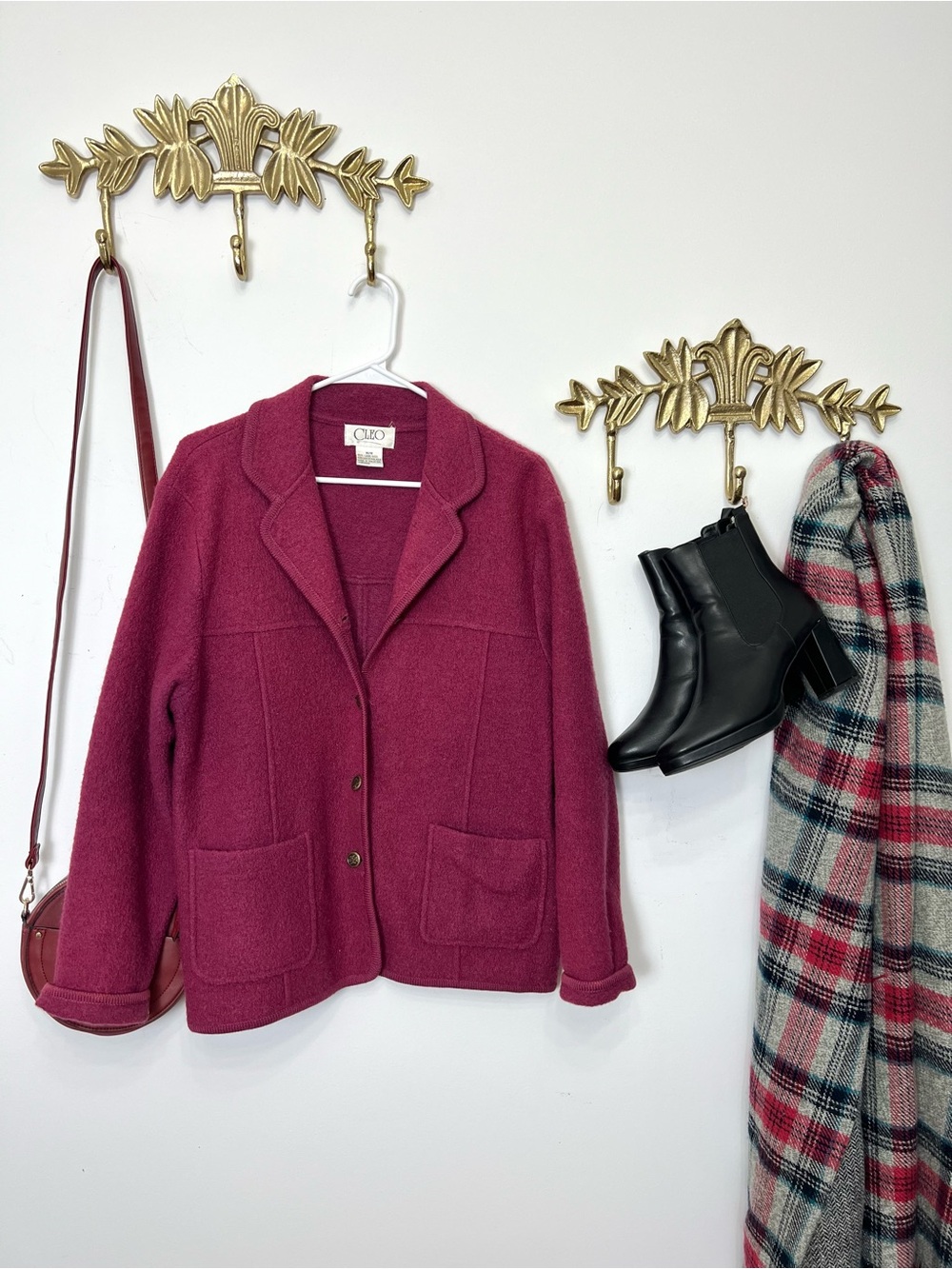 RARE 100% Wool berry burgundy jacket sweater cardigan L ptp 23” l 27”